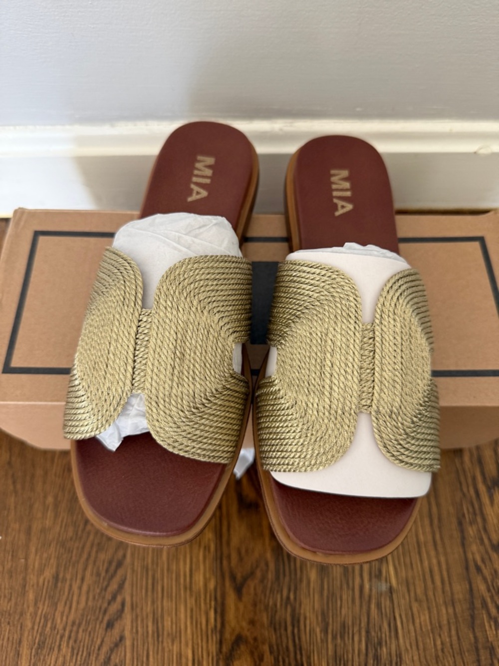 MIA Gold Braided Rope Slide Sandals with Brown Footbed